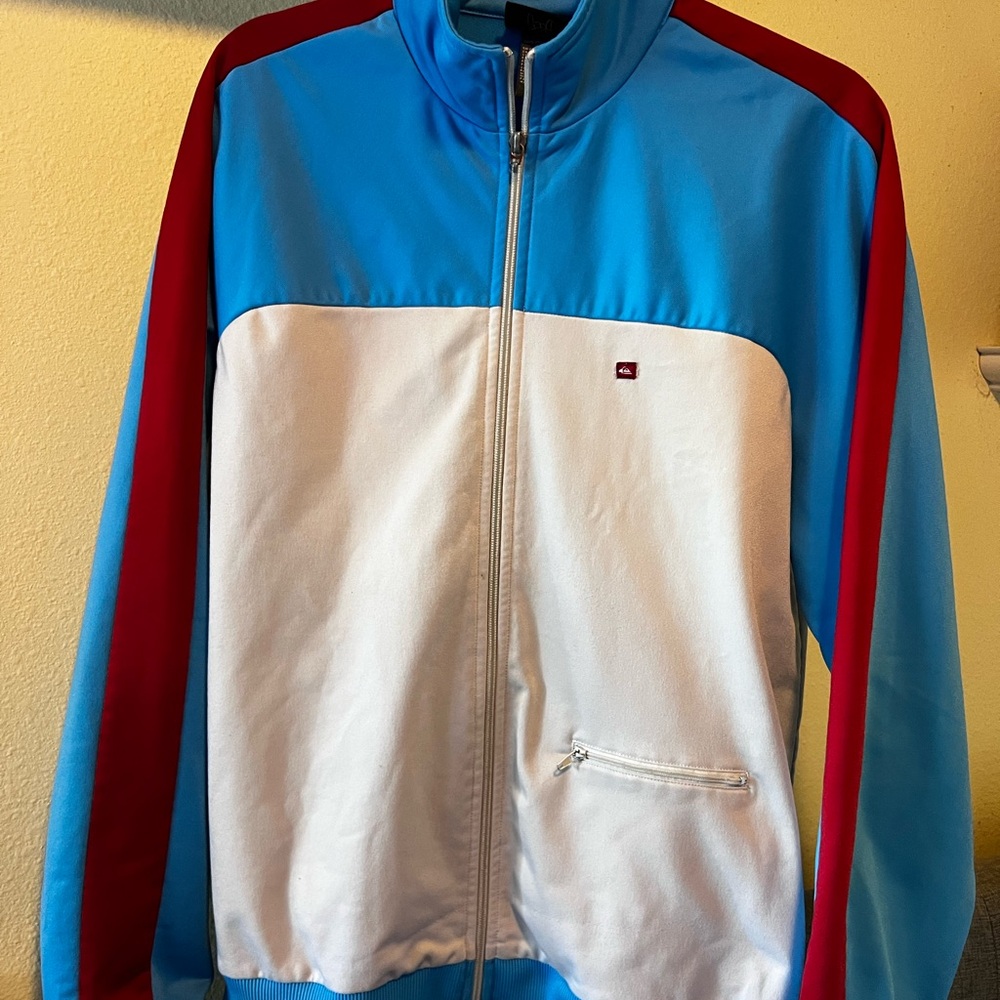 Quiksilver Blue and White Windbreaker with Stand-Up Collar
